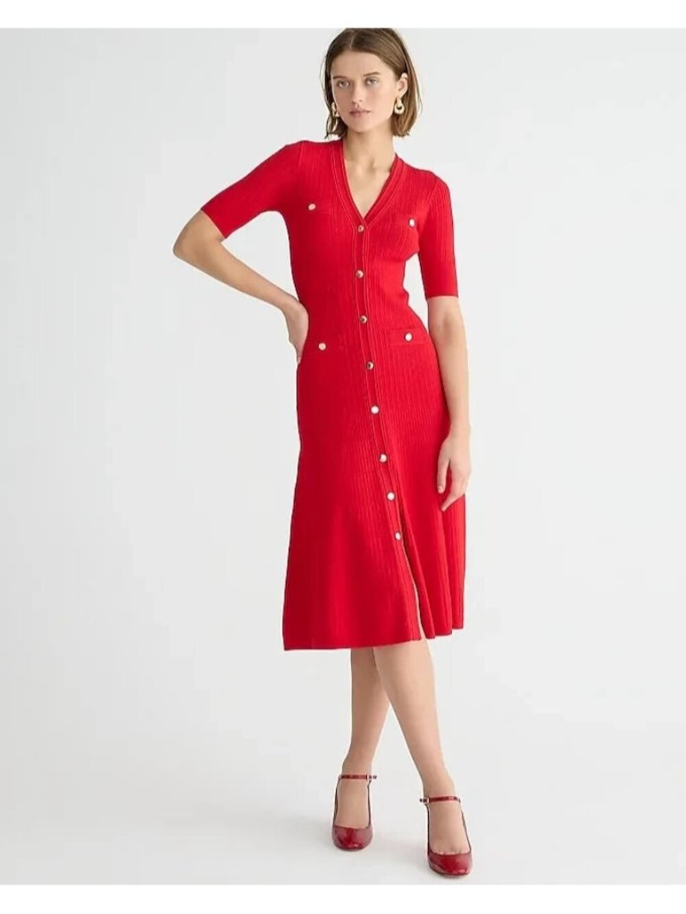 NWT J.Crew Elbow-sleeve Button-up Midi in Holiday Red Rib Knit Sweater Dress M